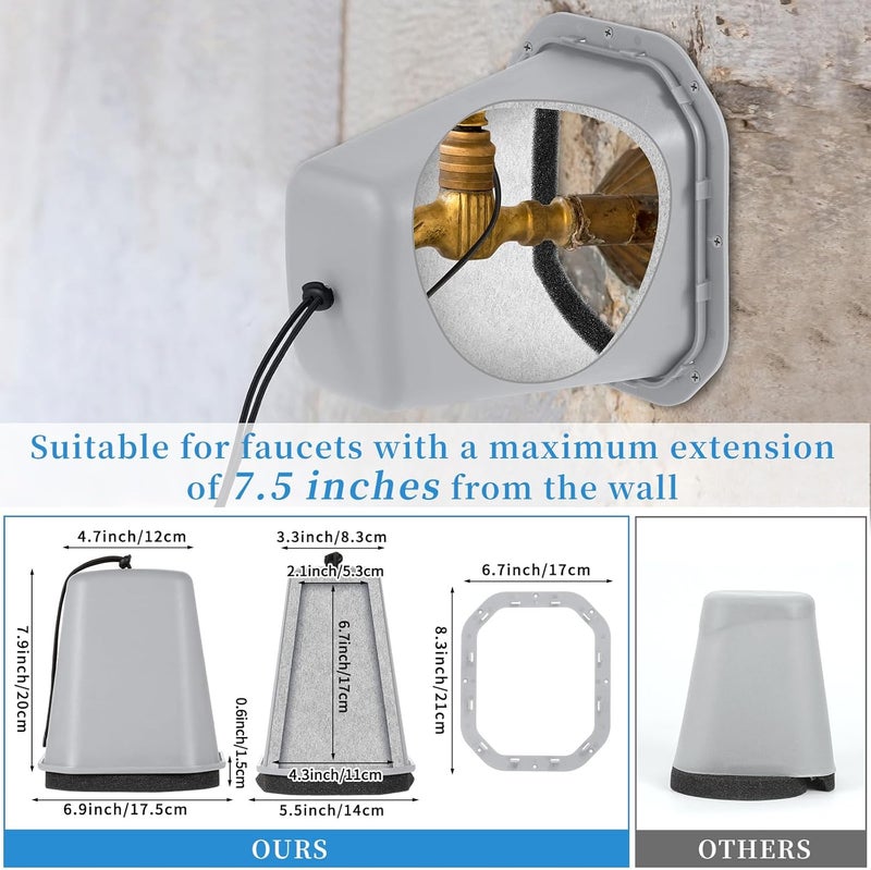 Bornerwhite 2 Pcs 2 in 1 Extra Long Pet Proof Outdoor Faucet Covers Winter w/Lock 8.5x7x5.5 in Thick Foam Plastic Spigot Cover Reflective Strips Faucet Cover for Outside Water Faucet Freeze Protection (Gray) - Image 2